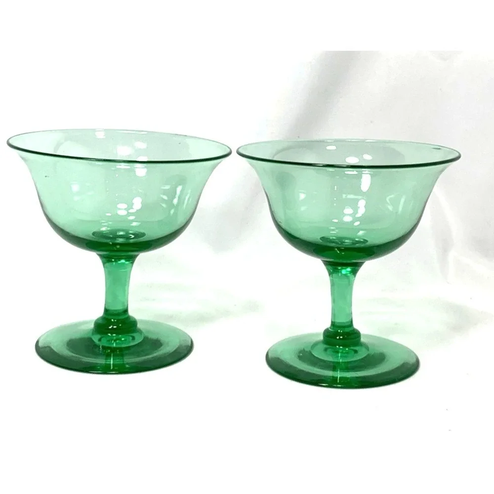 Uranium Glass Coupes Set of 2 Vintage‎ Green Champagne Dessert Vaseline